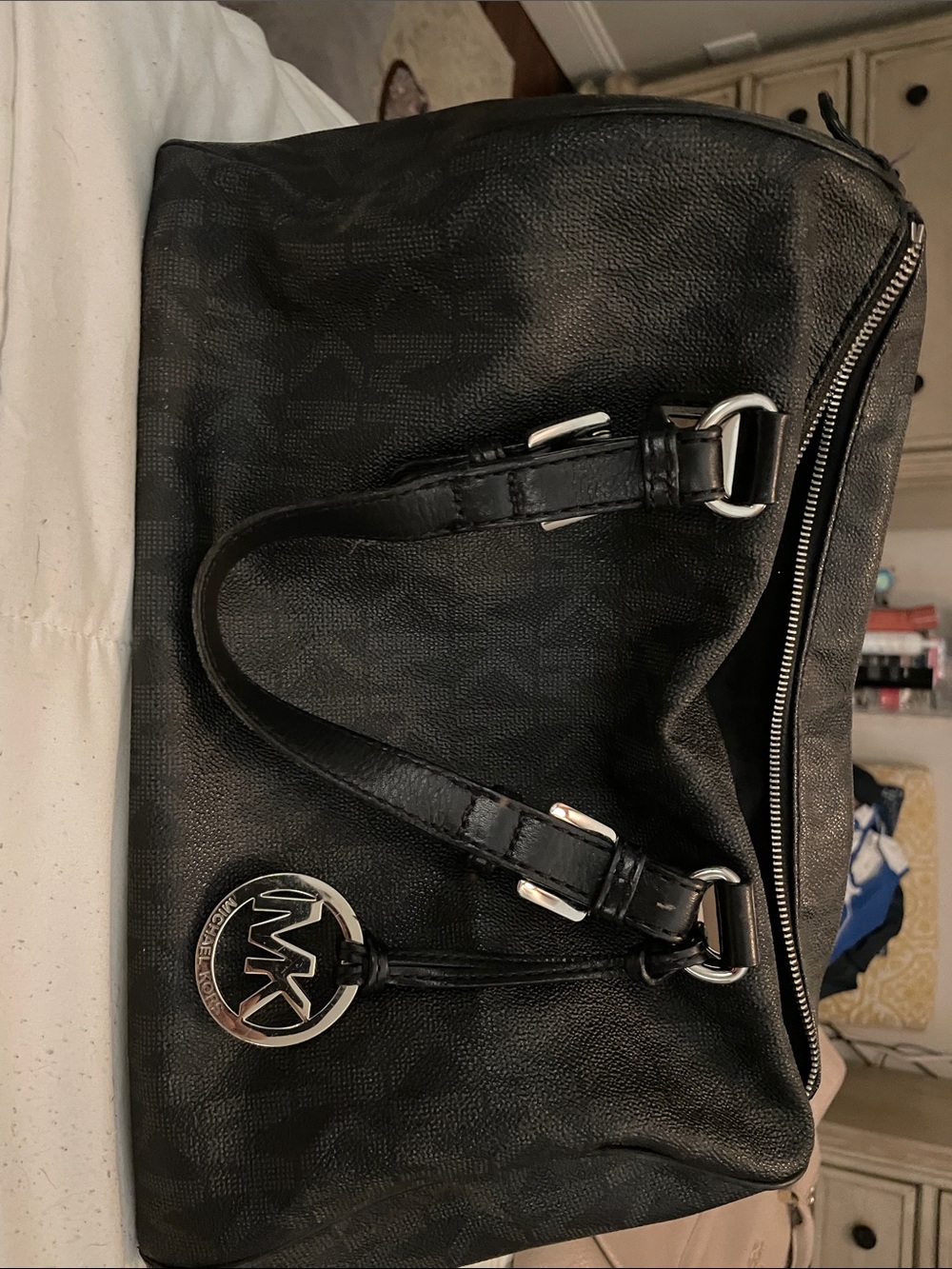 Michael Kors Black Logo Shoulder Bag with Silver-Tone Charm